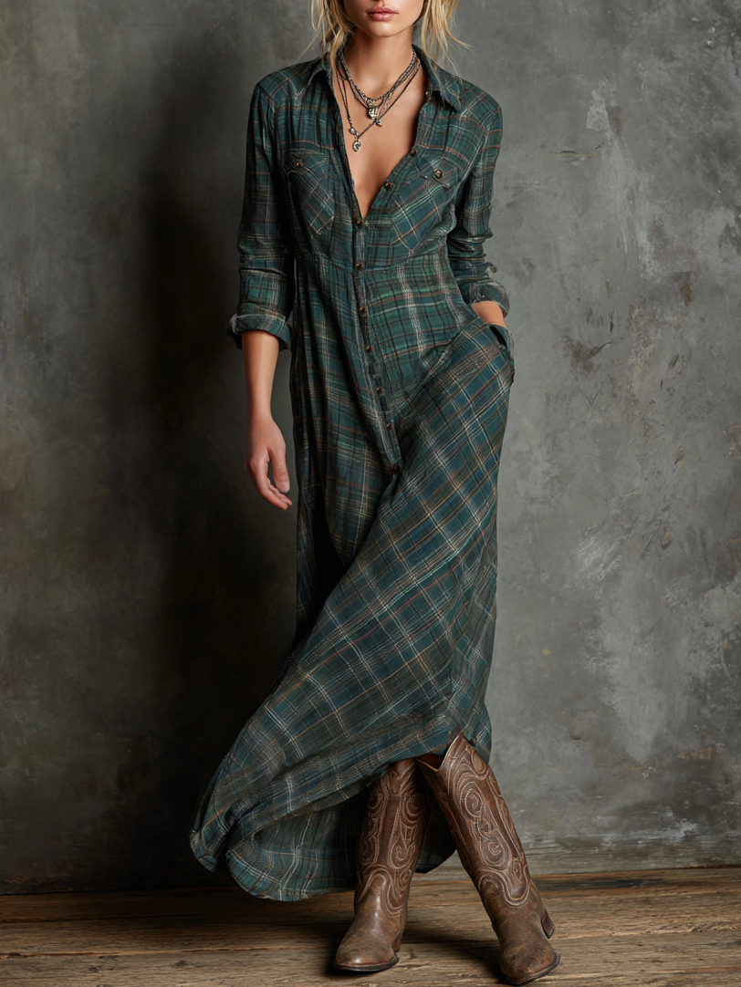 | Plaid Lapel Maxi Dress