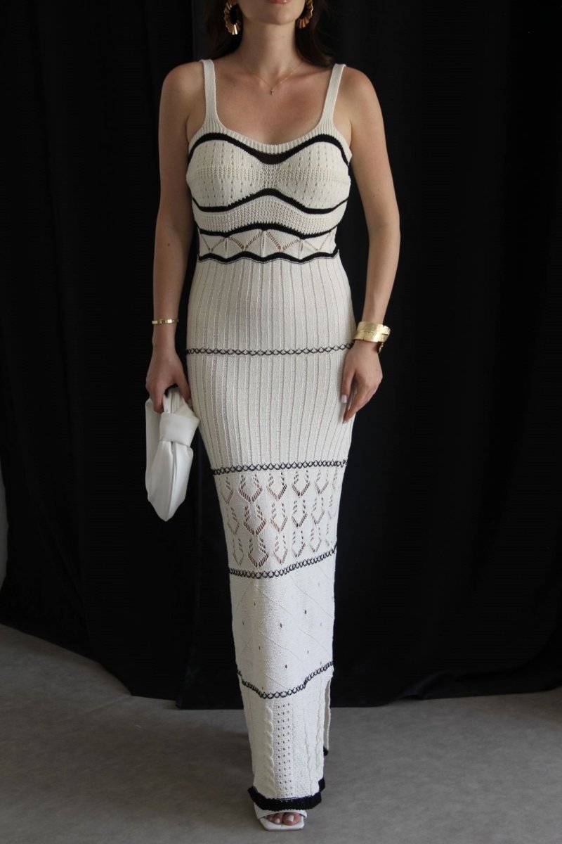Yadira Aesthetic Knitted Maxi Dress with Slit and Cutouts Chic Silhouette Collection