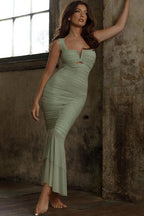 Dulce Aesthetic Flared Ruched Mesh Midi Dress Designer Edit