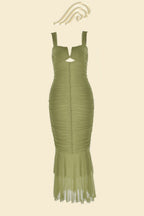 Dulce Aesthetic Flared Ruched Mesh Midi Dress Designer Edit