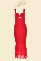 Dulce Aesthetic Flared Ruched Mesh Midi Dress Designer Edit