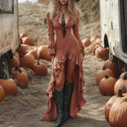 Ethnic Retro Solid Ruffle Boho Dress
