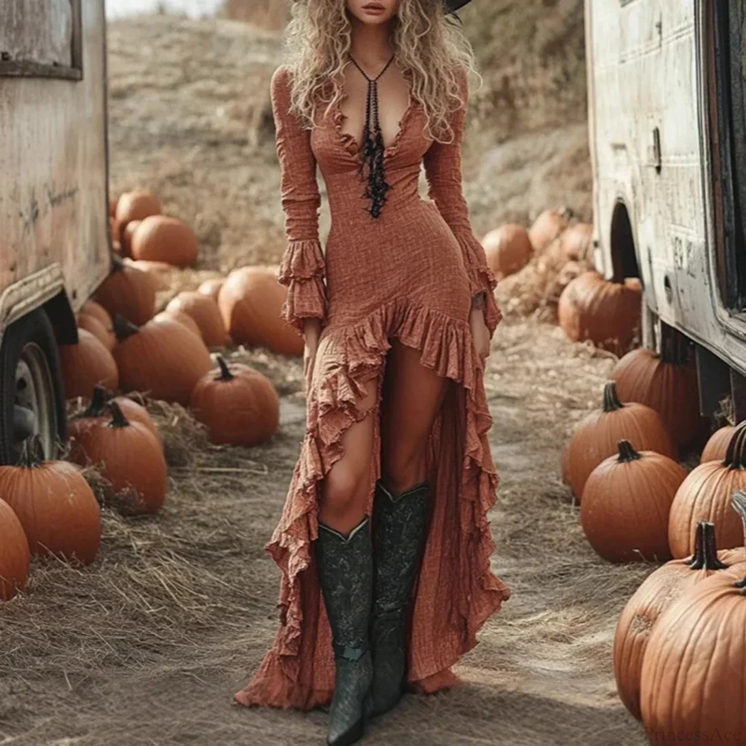 Ethnic Retro Solid Ruffle Boho Dress