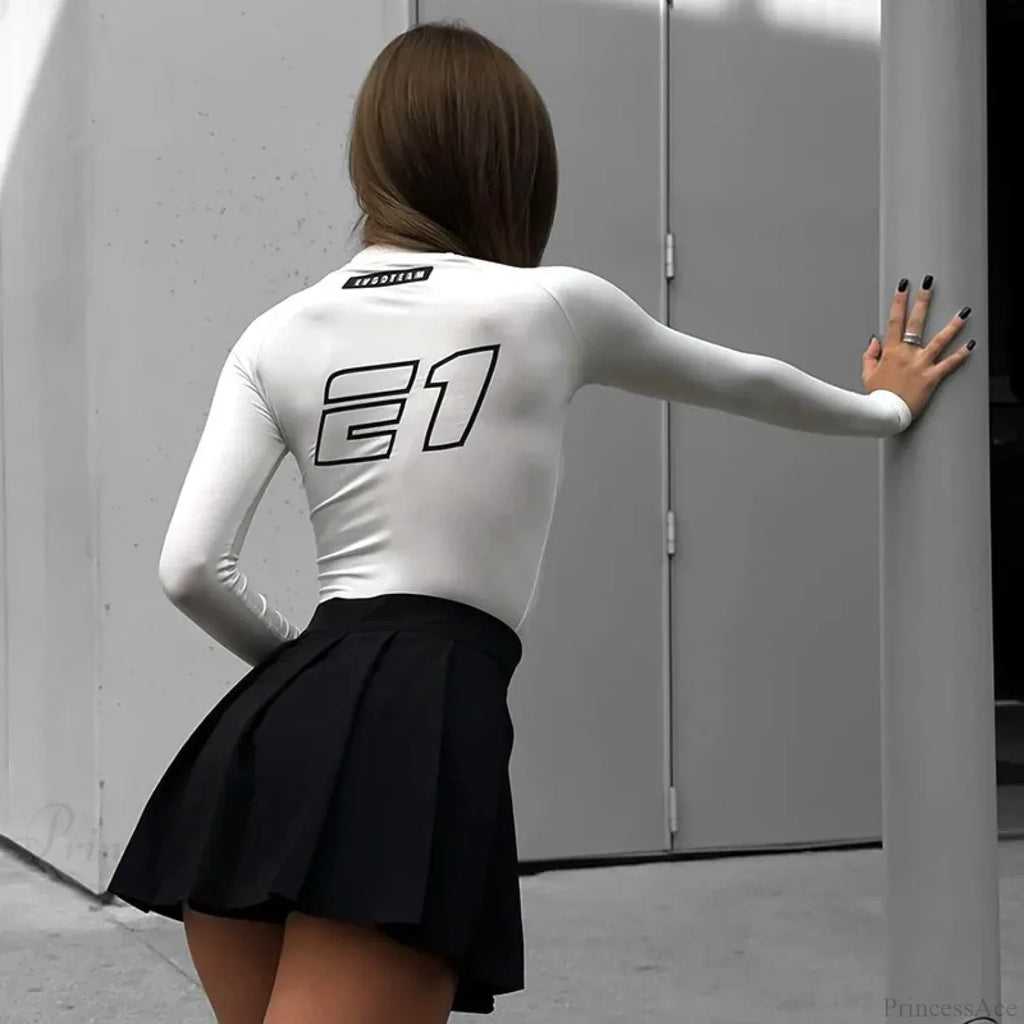 European American Motorcycle Style Letter Print Slim Knit Top