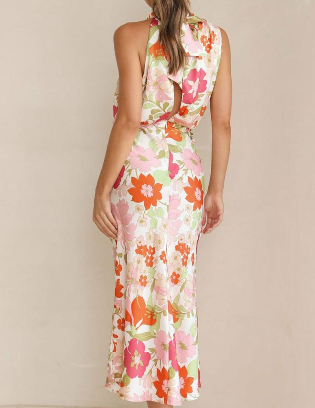 Floral Print Halter Cowl Neck Sleeveless Blouson Maxi Dress