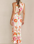 Floral Print Halter Cowl Neck Sleeveless Blouson Maxi Dress