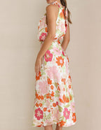 Floral Print Halter Cowl Neck Sleeveless Blouson Maxi Dress