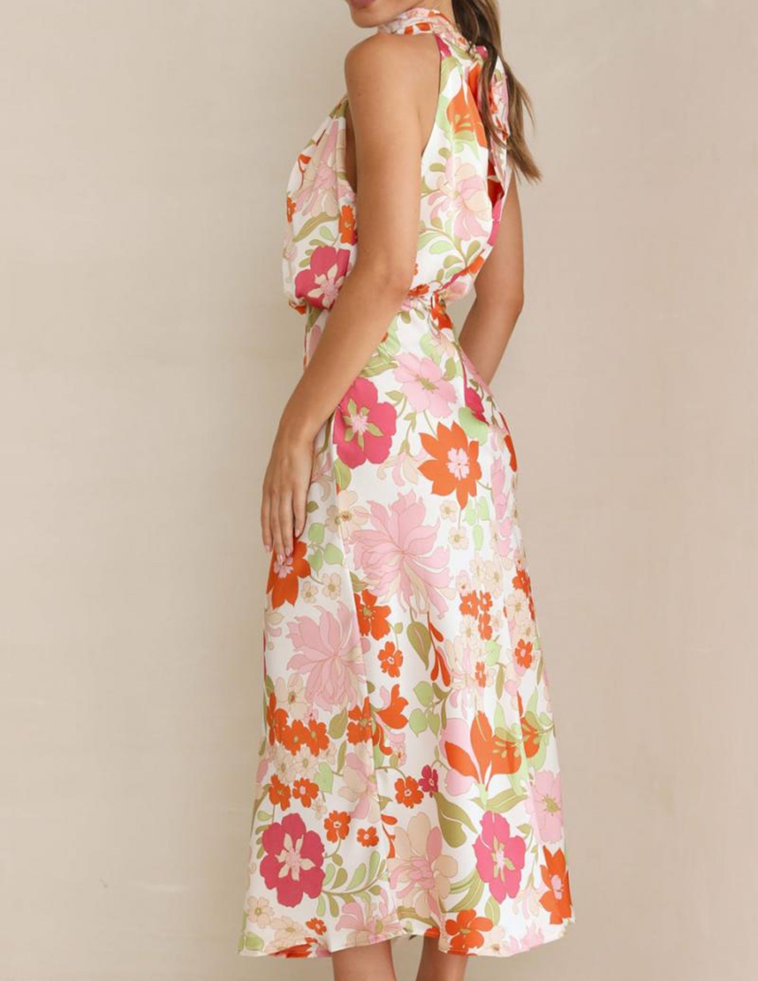 Floral Print Halter Cowl Neck Sleeveless Blouson Maxi Dress
