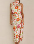 Floral Print Halter Cowl Neck Sleeveless Blouson Maxi Dress