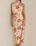 Floral Print Halter Cowl Neck Sleeveless Blouson Maxi Dress