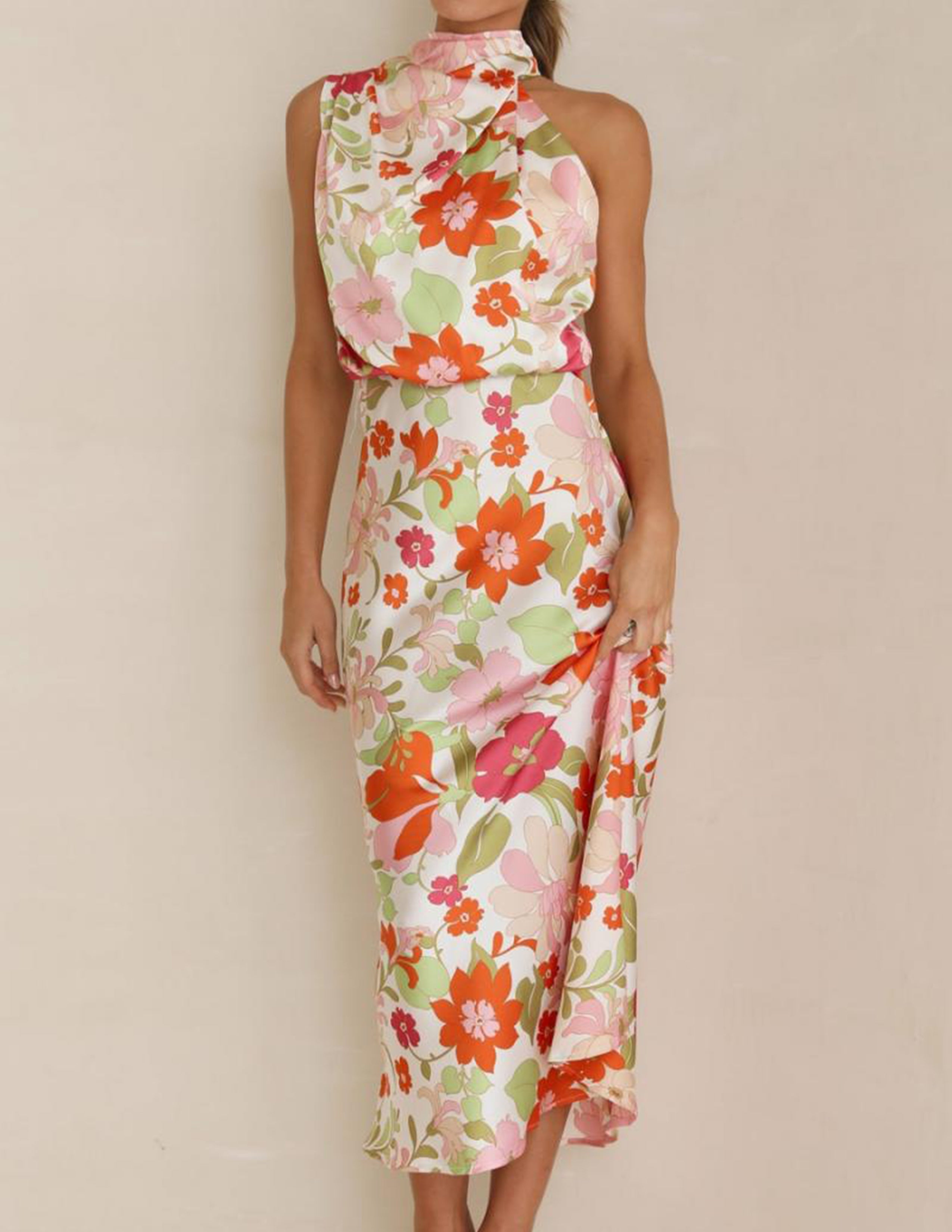 Floral Print Halter Cowl Neck Sleeveless Blouson Maxi Dress