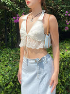 Eyelet Embroidery Halter Lace Ruffle Backless Crop Vest