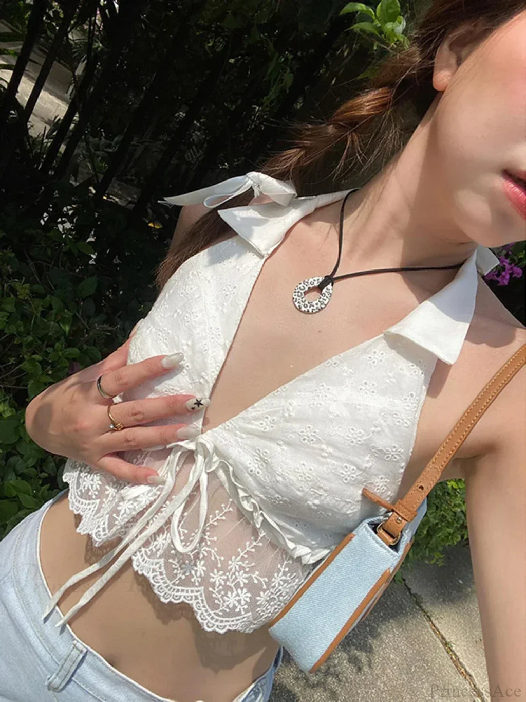 Eyelet Embroidery Halter Lace Ruffle Backless Crop Vest
