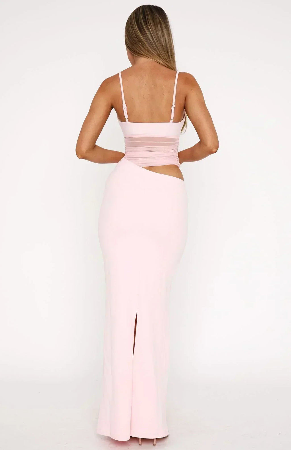 Ruched Mesh Spaghetti Strap Waist Cutout Bodycon Maxi Dress