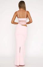 Ruched Mesh Spaghetti Strap Waist Cutout Bodycon Maxi Dress
