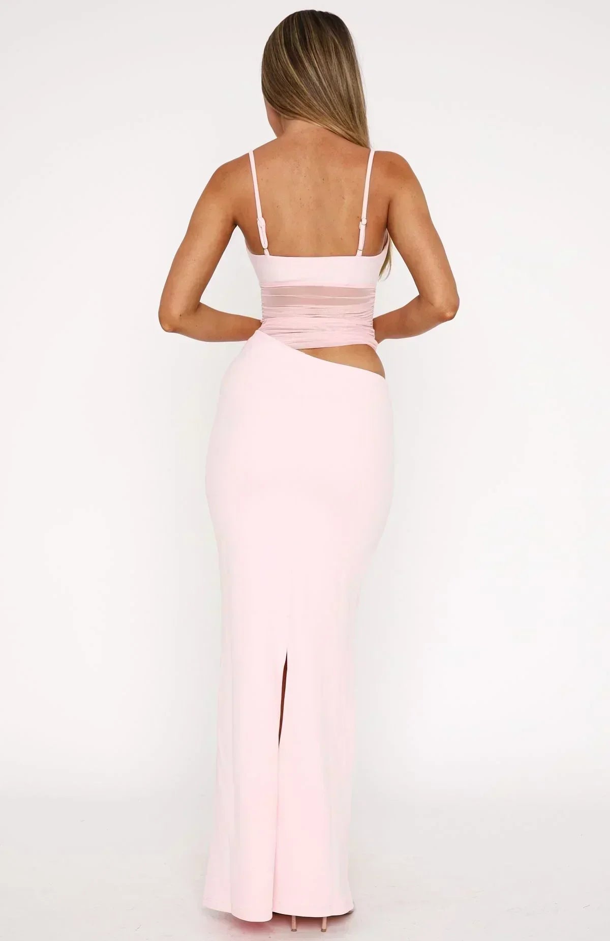Ruched Mesh Spaghetti Strap Waist Cutout Bodycon Maxi Dress