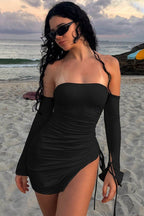 Strapless Ruched Drawstring High Split Bodycon Mini Dress