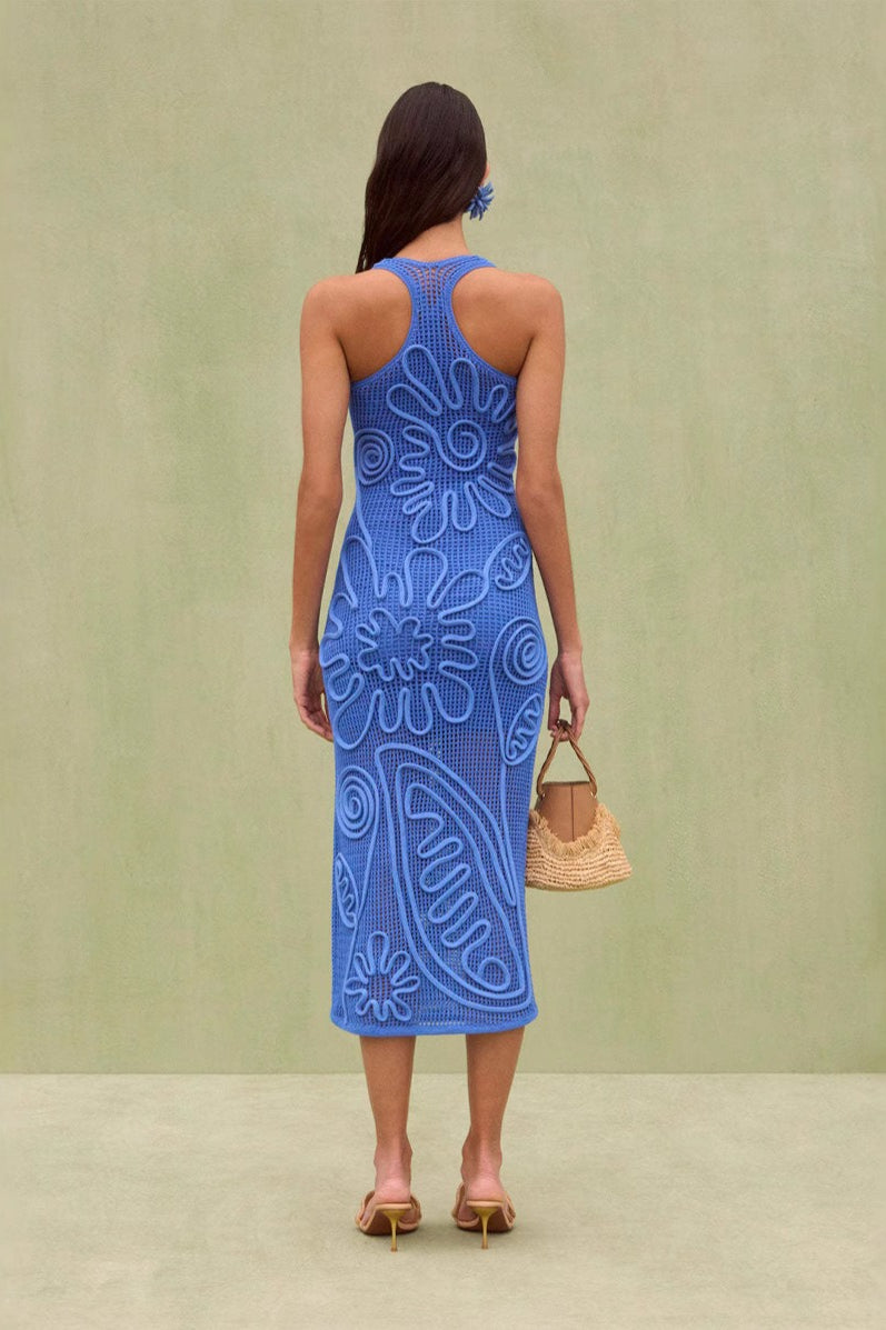 Cord Floral Applique Halter Neck Open Knit Bodycon Midi Dress
