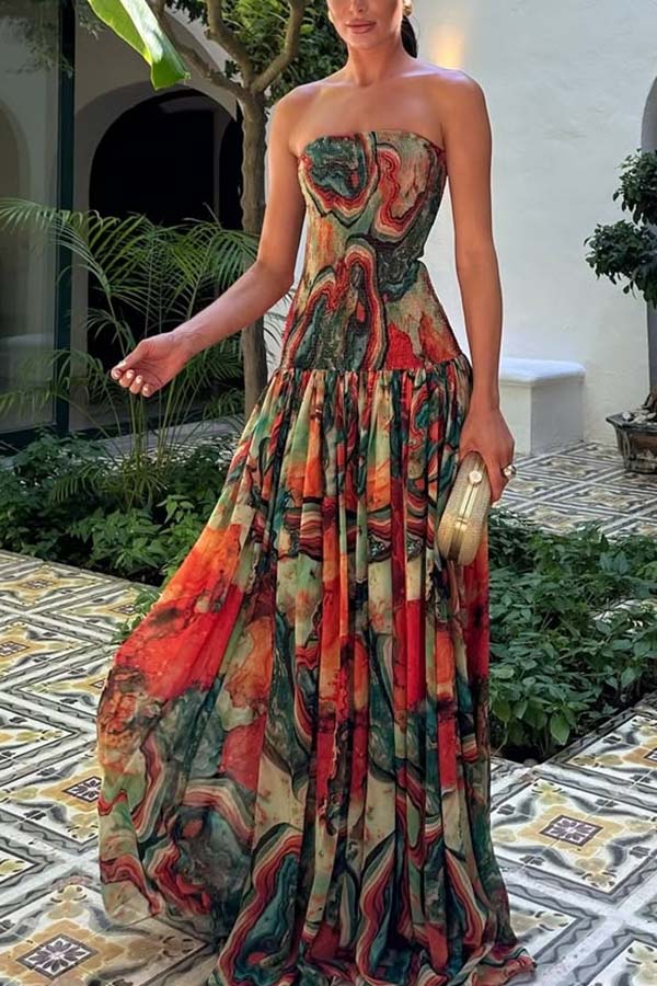 Vacay Vibes Colorful Lava Print Off Shoulder Smocked Scarf Maxi Dress