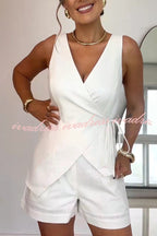 Solid Color Casual Sleeveless V-neck Top and Loose Shorts Set