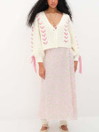 Cutout V Neck Lace Up Loose Short Knit Cardigan