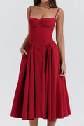 Bustier Spaghetti Strap Basque Waist Pleated Midi Dress