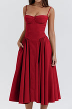 Bustier Spaghetti Strap Basque Waist Pleated Midi Dress