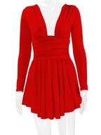 Fit And Flare Dress Plunge Long Sleeves Short Swing Dresses In Solid Color