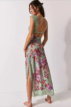 Sweetheart Lace Cap Sleeve Triangle Cutout Floral Print Bodycon Midi Dress