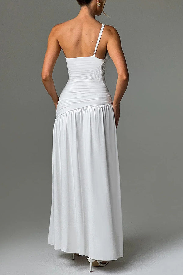 One Shoulder Spaghetti Strap Ruched High Split Bodycon Maxi Dress