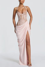 Bonita Floral Lace Contrast Structural Detail Asymmetrical Pleats Halter Slit Maxi Dress