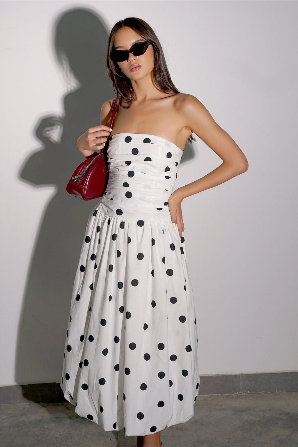 Polka Dot Strapless Ruched Bodice A-Line Maxi Dress