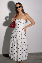 Polka Dot Strapless Ruched Bodice A-Line Maxi Dress