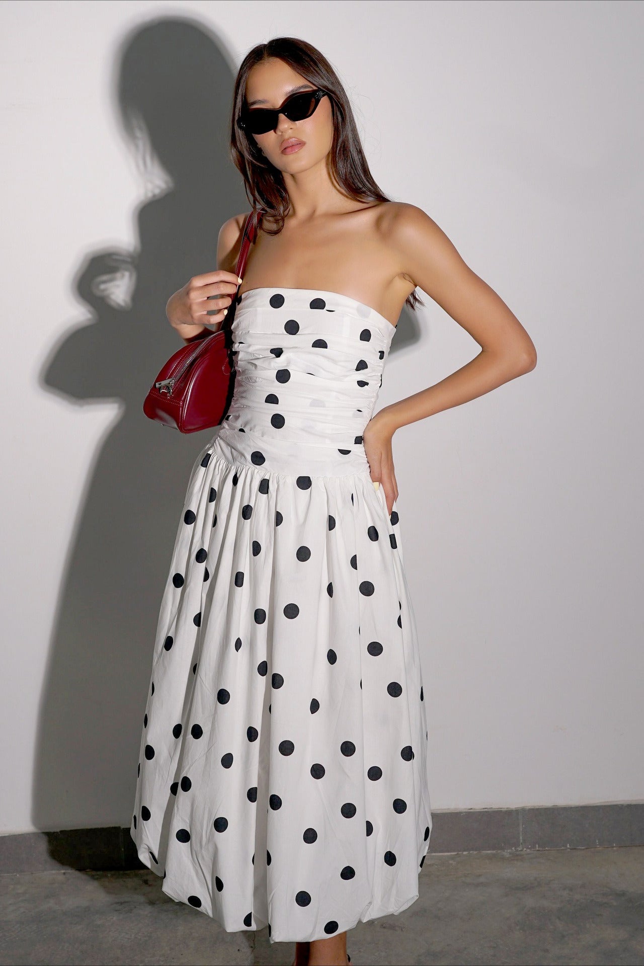 Polka Dot Strapless Ruched Bodice A-Line Maxi Dress
