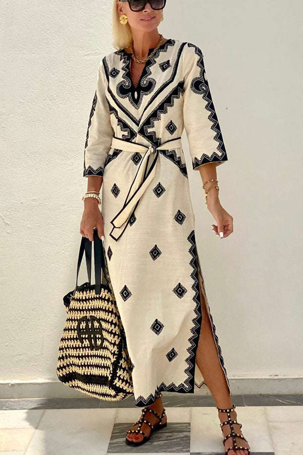 Ethnic Print V-Neck Three Quarter Sleeve Tie Waist Maxi Dress