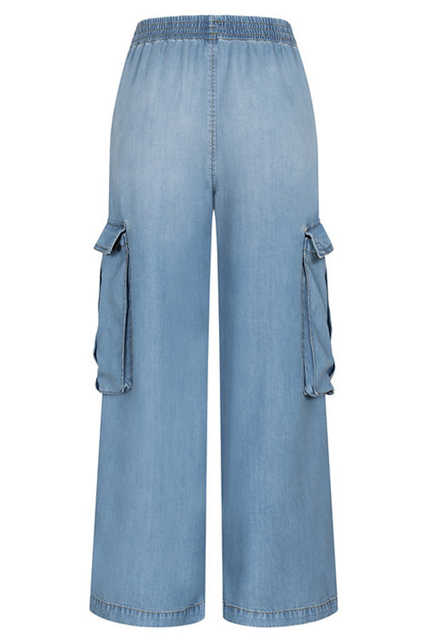 Winnie Denim Mid Rise Elastic Waist Flap Pockets Wide Leg Cargo Pants