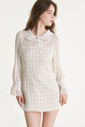 Mesh Yoke Peter Pan Collar Balloon Sleeve Tweed Pearl Trim Mini Dress