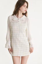 Mesh Yoke Peter Pan Collar Balloon Sleeve Tweed Pearl Trim Mini Dress