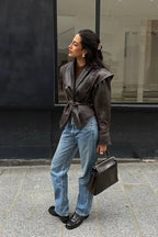 Vintage V-neck Belted Faux Leather Jacket