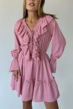 Solid Color V-neck Ruffled Ruched Long-sleeved Vacation Mini Dress