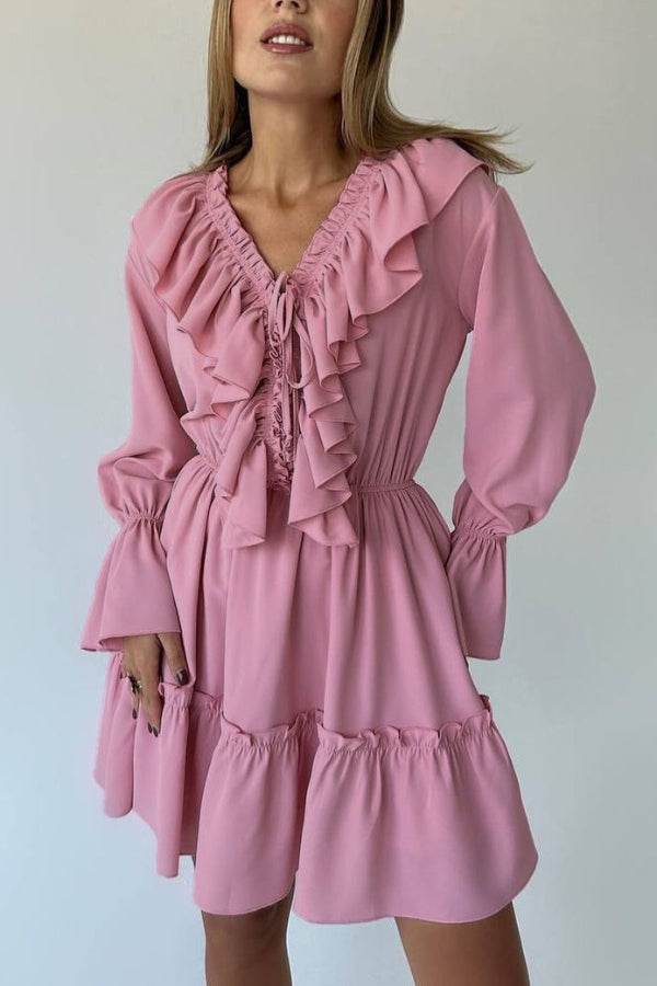 Solid Color V-neck Ruffled Ruched Long-sleeved Vacation Mini Dress