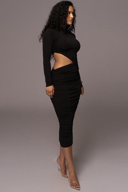 Mock Neck Long Sleeve Side Cutout Ruched Bodycon Midi Dress
