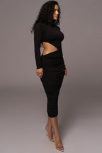Mock Neck Long Sleeve Side Cutout Ruched Bodycon Midi Dress