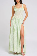 Floral Print Square Neck Corset Bodice High Split Flowy Maxi Dress
