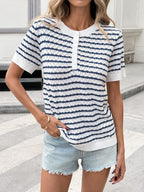 Striped Button Detail Short Sleeve Knit Top