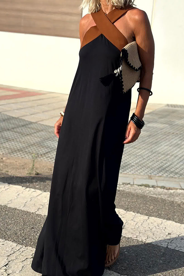 Halter Neck Mesh Illusion Panel Flowy Maxi Dress