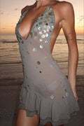 Grey Halter Neck Deep V Backless Sequin Disc Embellished Ruffle Hem Mini Dress
