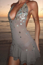 Grey Halter Neck Deep V Backless Sequin Disc Embellished Ruffle Hem Mini Dress
