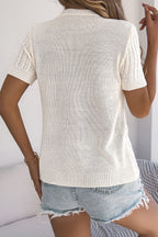 Solid Color Openwork Round Neck Short-sleeved Knit Cardigan