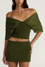 Sienna Olive Ruched Off-The-Shoulder 2-Piece Matching Set
